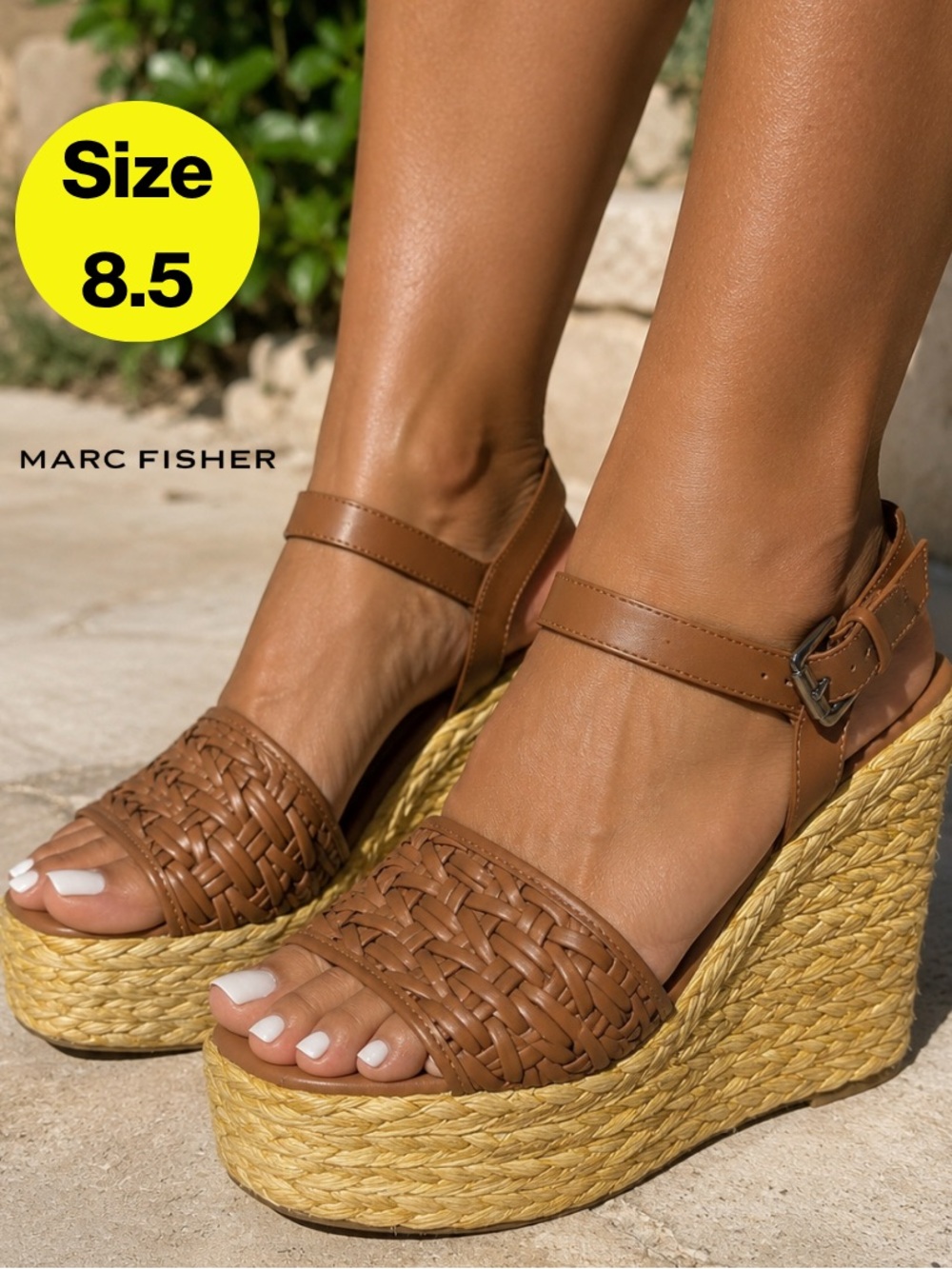 MARCH FISHER 🤎 Tan Woven Leather Espadrille Wedge Sandals (Women’s 8.5)